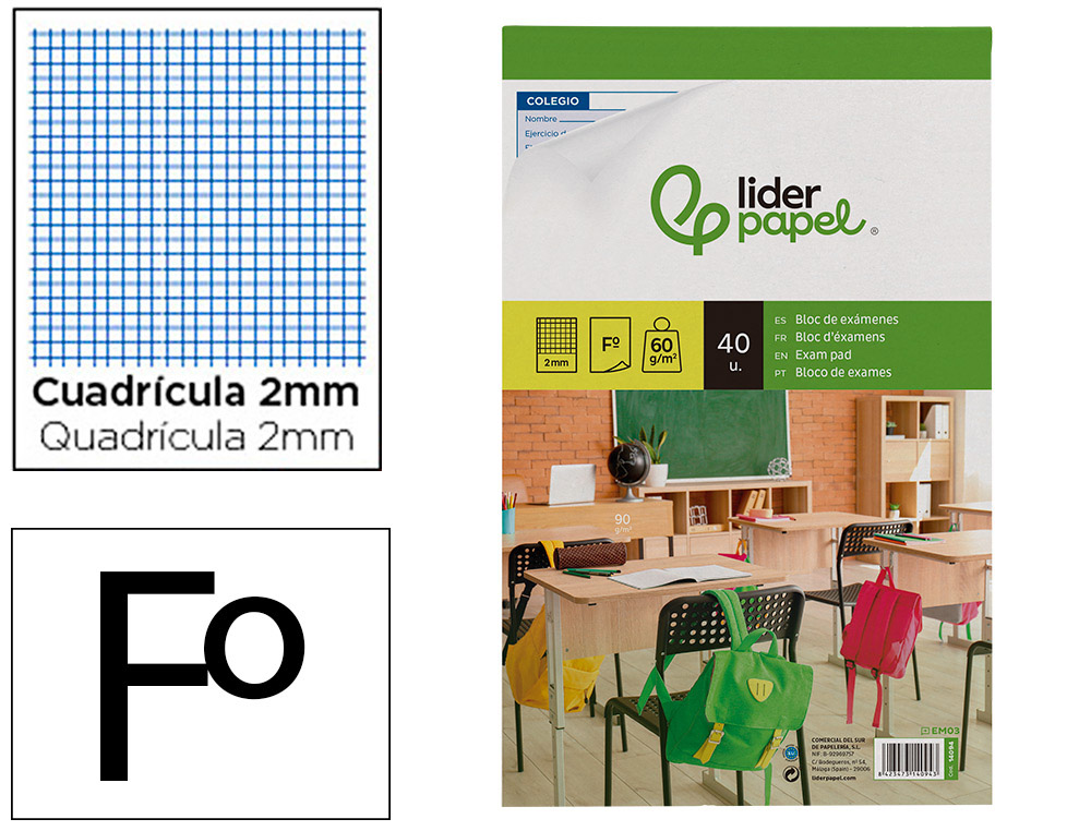 LIDERPAPEL - BLOC EXAMENES CUADRO 2MM FOLIO 40 HOJAS 60G/M2 (Ref.EM03)