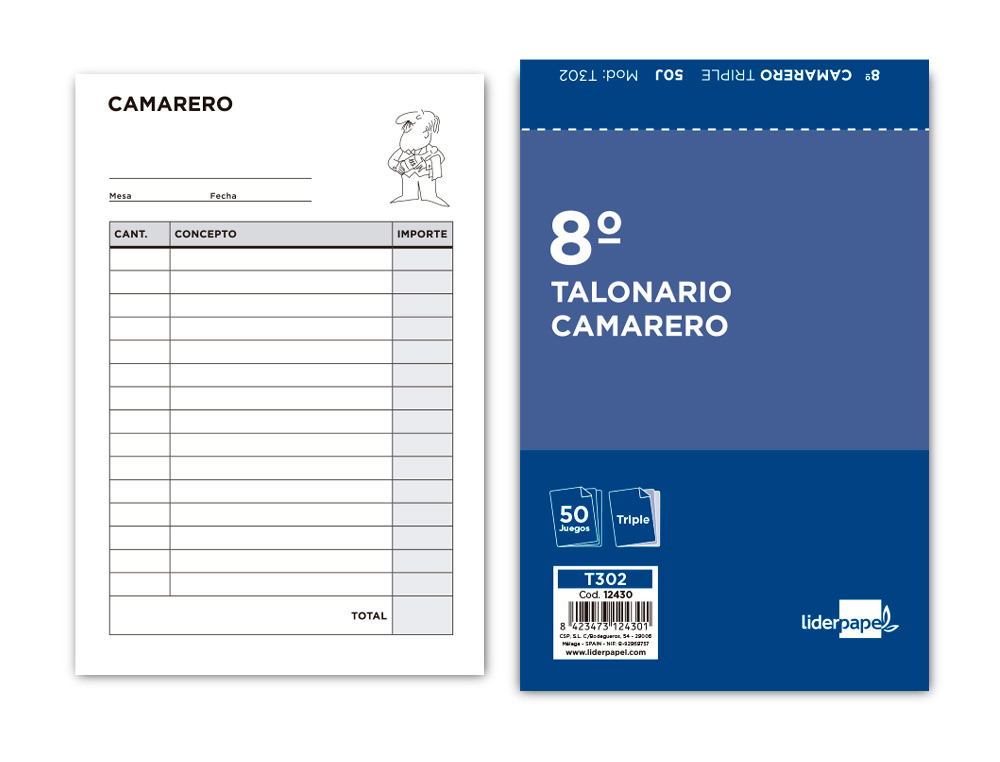 LIDERPAPEL - TALONARIO CAMARERO 8º ORIGINAL Y 2 COPIAS (Ref.T302)