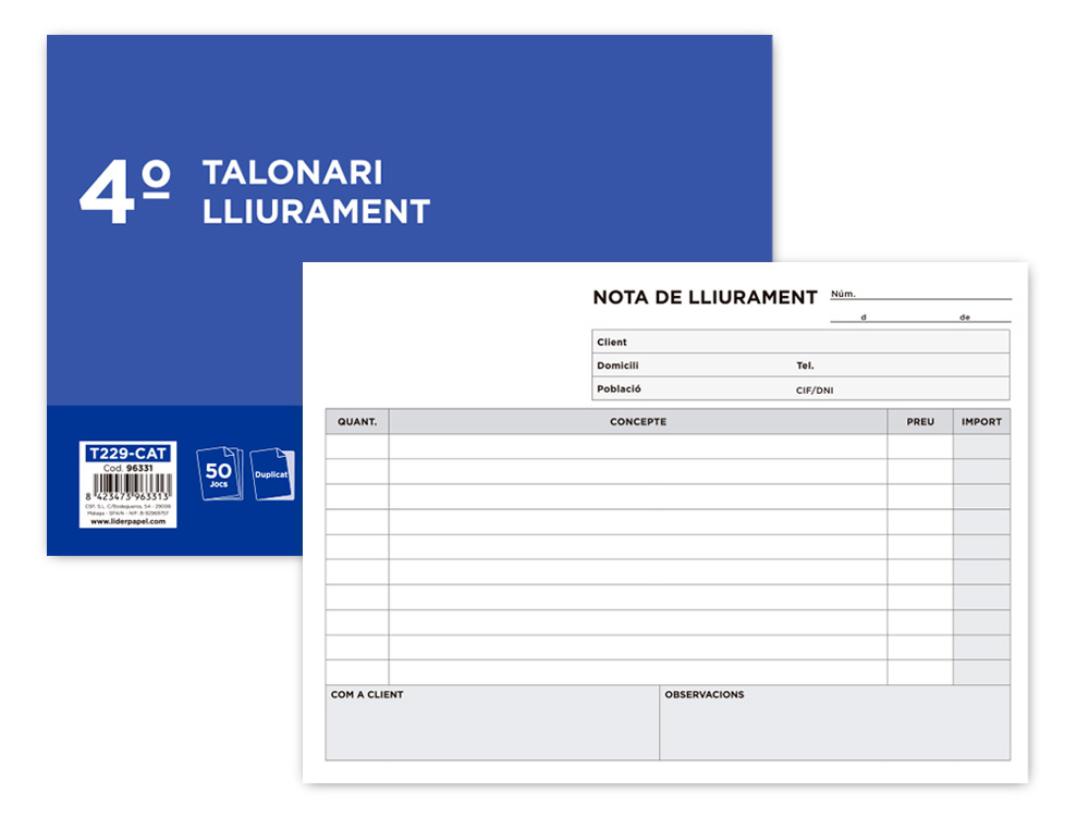 LIDERPAPEL - TALONARIO ENTREGAS CUARTO ORIGINAL Y COPIA T229 APAISADO TEXTO EN CATALAN (Ref.T229-CAT)
