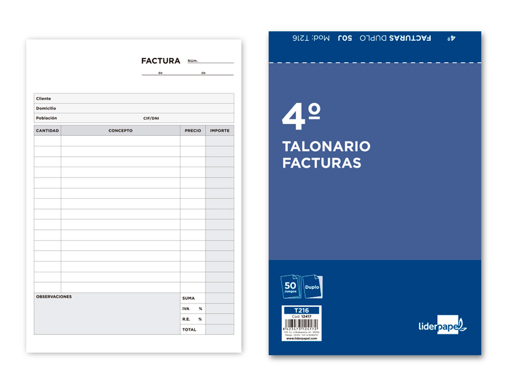 LIDERPAPEL - TALONARIO FACTURAS CUARTO ORIGINAL Y COPIA CON I.V.A. (Ref.T216)
