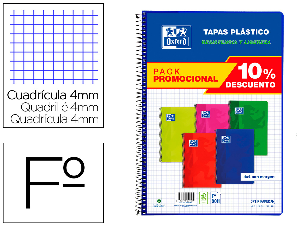 OXFORD - Cuaderno espiral tapa plastico folio 80 hojas cuadro 4 mm pack 5 unidades colores vivos (Ref. 400091365)