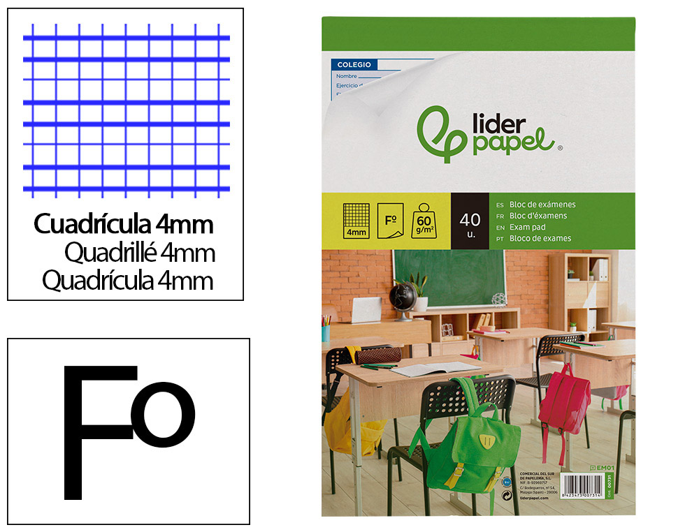 LIDERPAPEL - BLOC EXAMENES CUADRO 4MM FOLIO 40 HOJAS 60G/M2 (Ref.EM01)