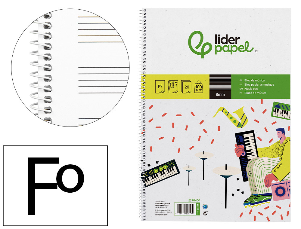 LIDERPAPEL - BLOC MUSICA PENTAGRAMA 3MM FOLIO 20 HOJAS 100G/M2 (Ref.BM01)