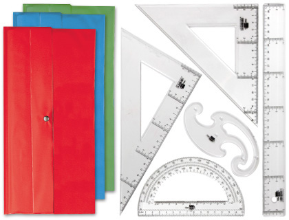 LIDERPAPEL - JUEGO ESCUADRA Y CARTABON 25CM REGLA 30CM SEMICIRCULO 15CM Y PLANTILLA DE CURVAS EN PETACA OPACA COLORES STDOS (Ref.JG03)