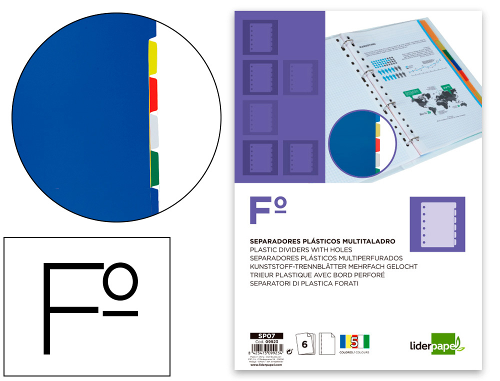 LIDERPAPEL - Separador plastico juego de 6 separadores folio 16 taladros (Ref. SP07)
