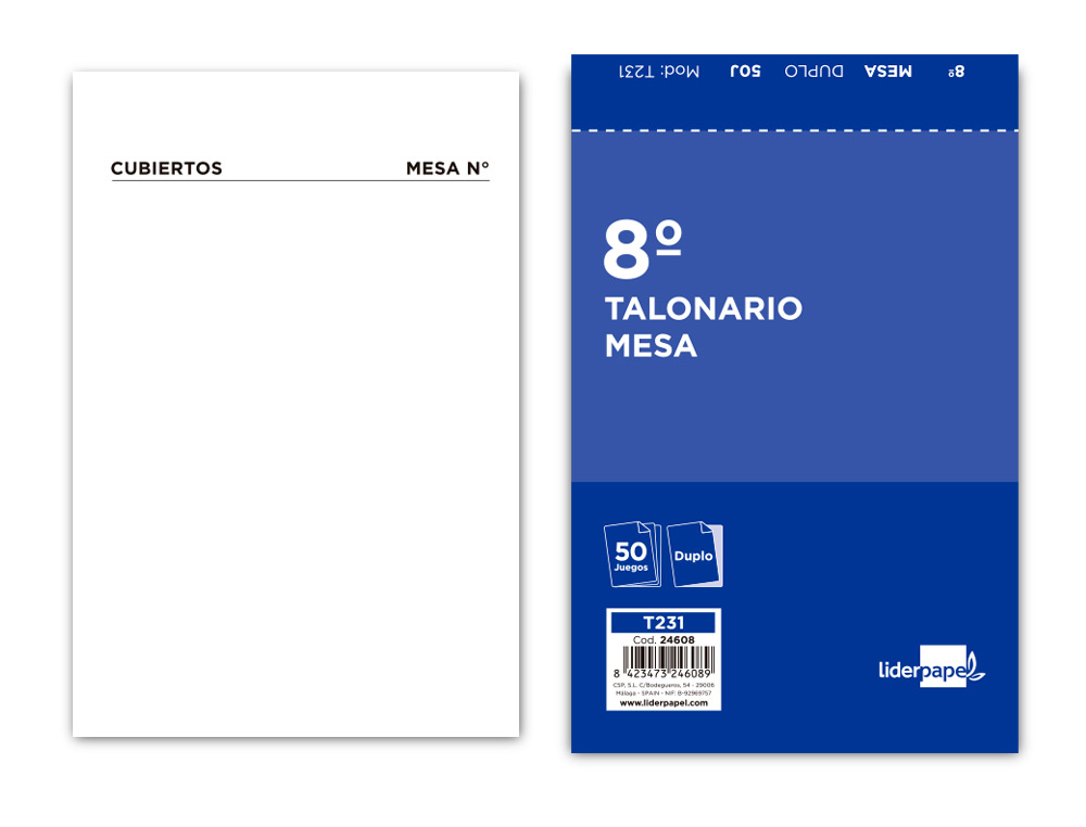LIDERPAPEL - TALONARIO CAMARERO 8º ORIGINAL Y COPIA PAPEL AUTOCOPIANTE (Ref.T231)