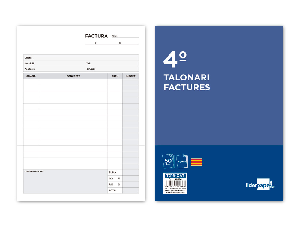 LIDERPAPEL - TALONARIO FACTURAS CUARTO ORIGINAL Y COPIA T216 CON I.V.A. TEXTO EN CATALAN (Ref.T216-CAT)