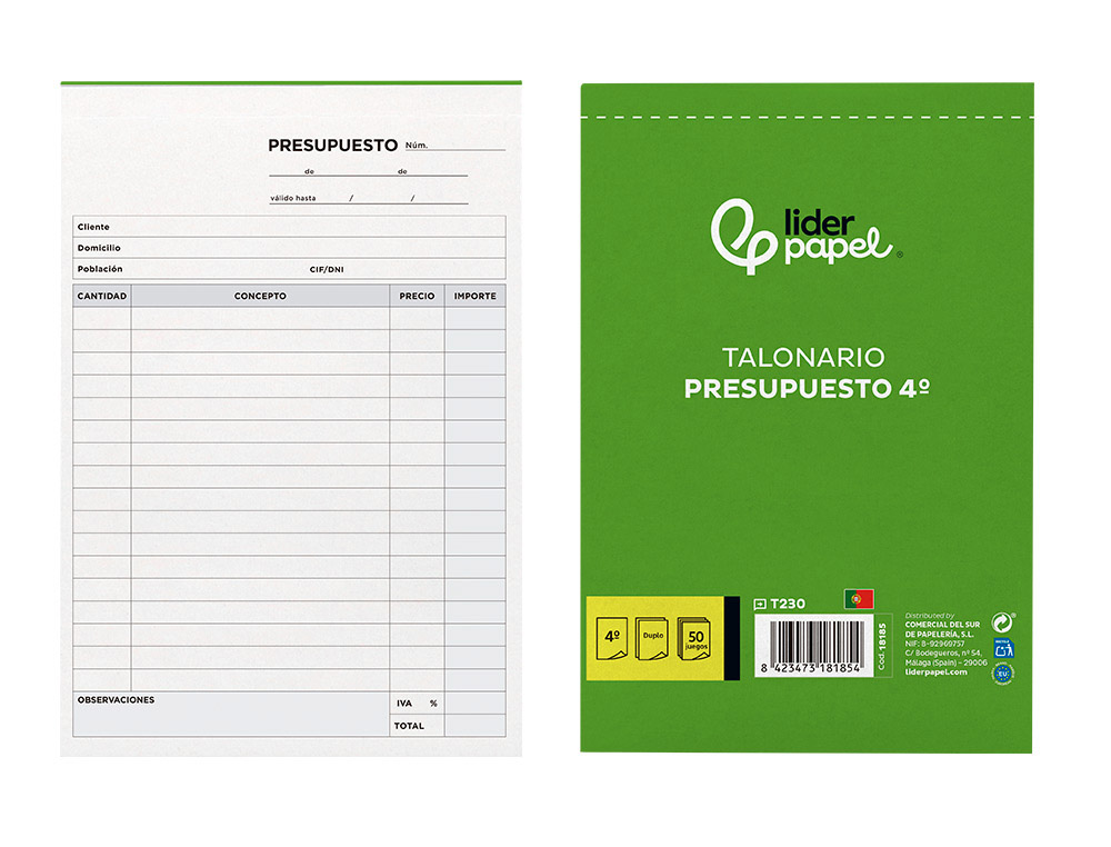 LIDERPAPEL - TALONARIO PRESUPUESTO CUARTO ORIGINAL Y COPIA (Ref.T230)