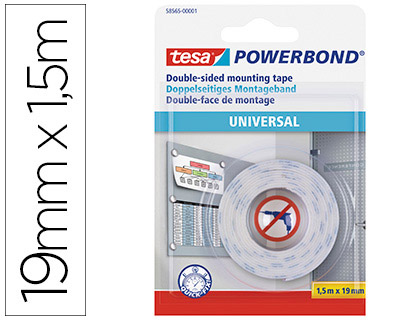 TESA - Blister CINTA ADHESIVA DOBLE CARA UNIVERSAL OFICINA POWERBOND 1,5 M X 19 MM (Ref.58565-00001-00)