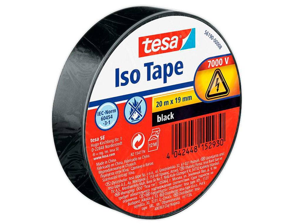 TESA - Cinta Aislante de electricidad 19 mm x 20 m. ColorNegro. Hasta 6000 voltios (Ref.56190-00008-02)