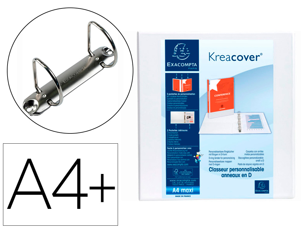 EXACOMPTA - Carpeta anillas Krea Cover A4+ 2-60 mm Blanco Personalizable (Ref.51825E)