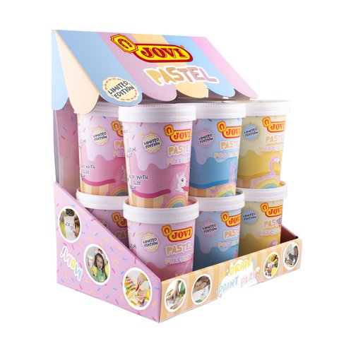 JOVI - EXPOSITOR PASTEL SURTIDO 12 UNIDADES
4x WAX CRAYONS (6 ceras, Sacapuntas/Afilalapices, goma, mantel y cuaderno actividades)
4x PLASTILINA (7 barras plastilina, 2 moldes, mantel y cuaderno actividades)
4x POSTER PAINT (7 temperas, pincel, mantel y cuaderno actividades) (Ref.PTE/12)