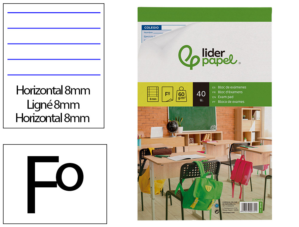 LIDERPAPEL - BLOC EXAMENES HORIZONTAL FOLIO 40 HOJAS 60G/M2 (Ref.EM02)