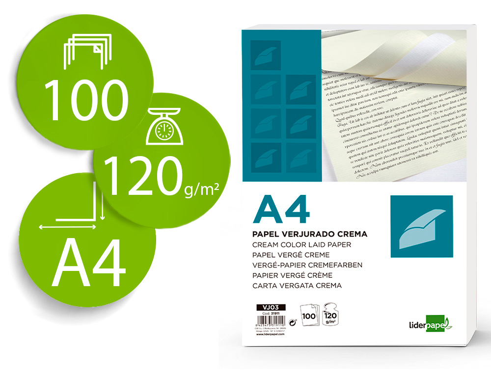 LIDERPAPEL - PAPEL VERJURADO A4 120G/M2 CREMA PAQUETE DE 100 (Ref.VJ03)