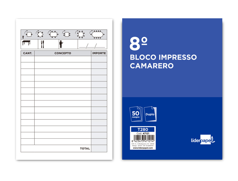 LIDERPAPEL - TALONARIO CAMARERO 8º ORIGINAL Y COPIA (Ref.T280)