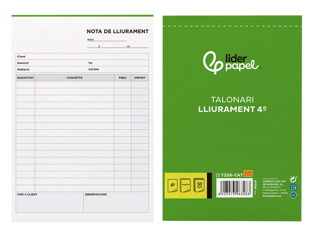 LIDERPAPEL - TALONARIO ENTREGAS CUARTO ORIGINAL Y COPIA T226 TEXTO EN CATALAN (Ref.T226-CAT)