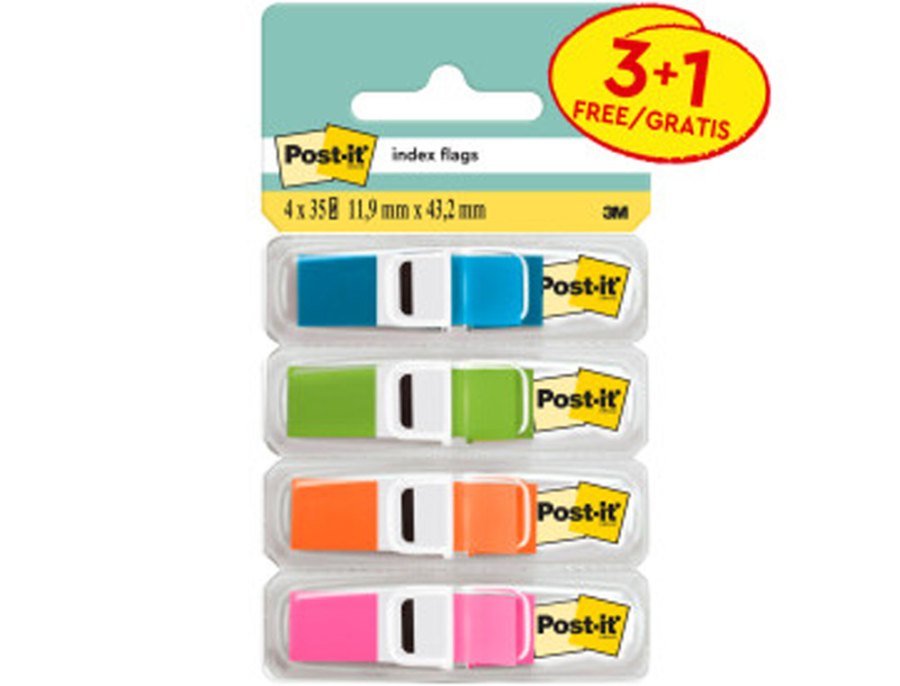 POST-IT - Indices adhesivos Index Pack 3+1 gratis 25,4 x 43,1 mm Colores surtidos (Ref.70005040152)