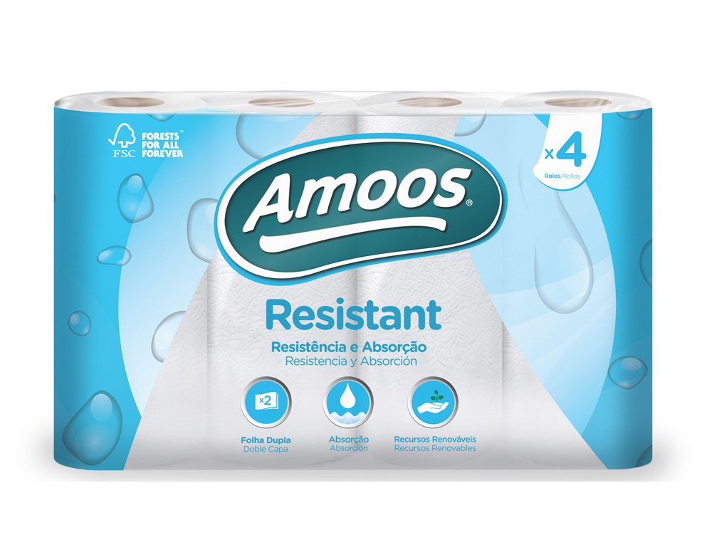 AMOOS - Papel de cocina amoos 2 capas 100 mm diametro x 224 mm alto 42g/m2 36 servicios paquete de 4 rollos (Ref.C621032)