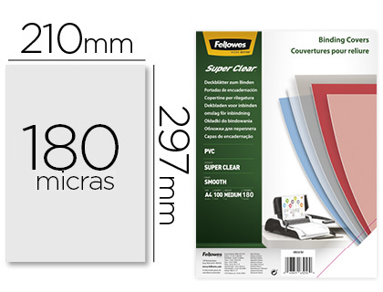 FELLOWES - Pack DE 100 PORTADAS PVC TRANSPARENTE CRISTAL A4 180 MICRAS (Ref.5375901)