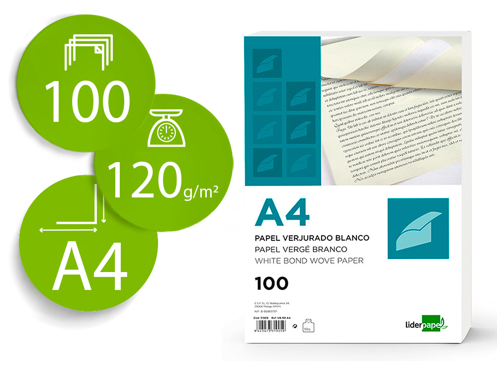 LIDERPAPEL - PAPEL VERJURADO A4 120G/M2 BLANCO PAQUETE DE 100 (Ref.VJ02)