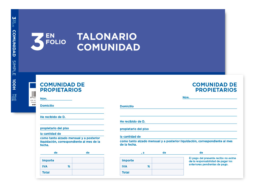 LIDERPAPEL - TALONARIO COMUNIDAD TRES DEL FOLIO 106 -CON IVA (Ref.T106)