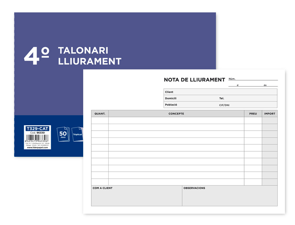 LIDERPAPEL - TALONARIO ENTREGAS CUARTO ORIGINAL Y 2 COPIAS T329 APAISADO TEXTO EN CATALAN (Ref.T329-CAT)