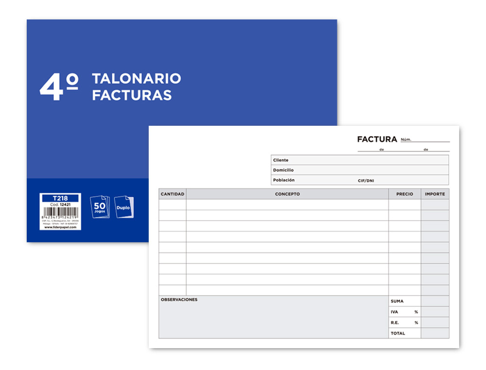LIDERPAPEL - TALONARIO FACTURAS CUARTO ORIGINAL Y COPIA APAISADO CON I.V.A. (Ref.T218)