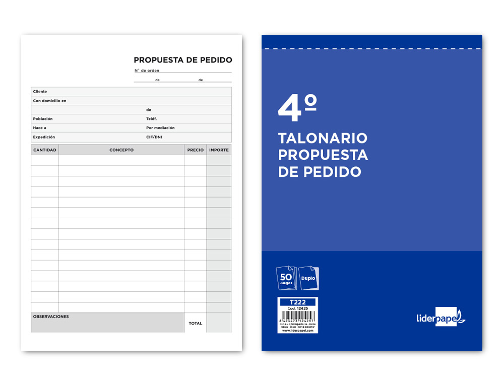 LIDERPAPEL - TALONARIO PEDIDOS CUARTO ORIGINAL Y COPIA (Ref.T222)