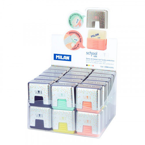 MILAN - GOMA de BORRAR MIGA DE PAN 430 CUADRADA CON FUNDA SILVER EXPOSITOR DE 30 (Ref.CMMS430SL)