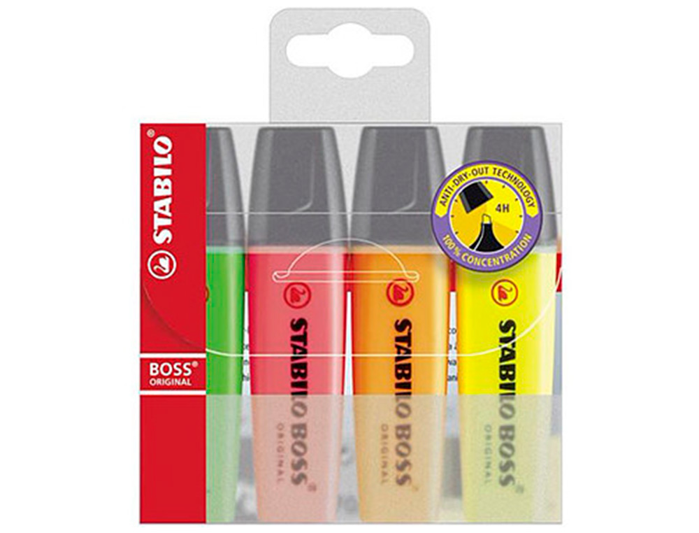 STABILO - Marcador fluorescente Boss Trazo 2-5mm Punta biselada Estuche 4 ud (Ref.70/4)