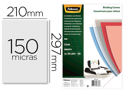 FELLOWES - Pack DE 100 PORTADAS PVC TRANSPARENTE CRISTAL A4 150 MICRAS (Ref.5376001)