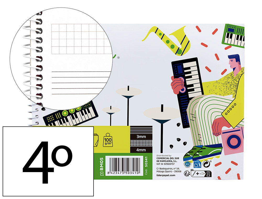 LIDERPAPEL - BLOC MUSICA PENTAGRAMA 3MM MAS CUADRICULA DE 4MM PARA ANOTACIONES CUARTO20 HOJAS 100G/M2 (Ref.BM05)