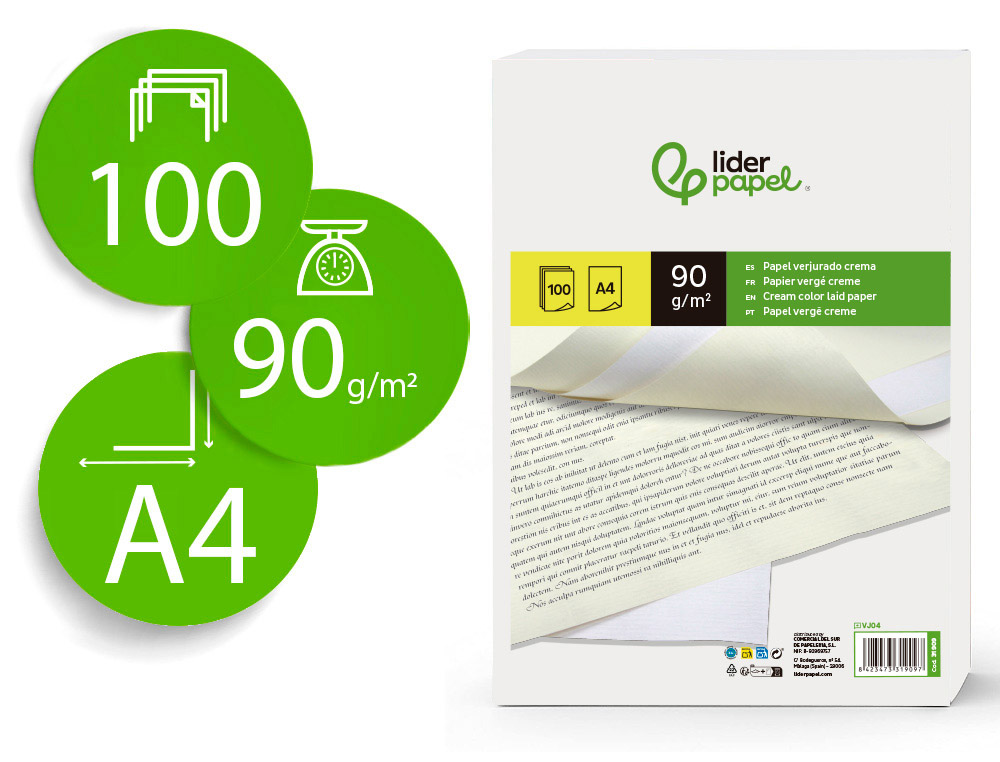 LIDERPAPEL - PAPEL VERJURADO A4 90G/M2 CREMA PAQUETE DE 100 (Ref.VJ04)