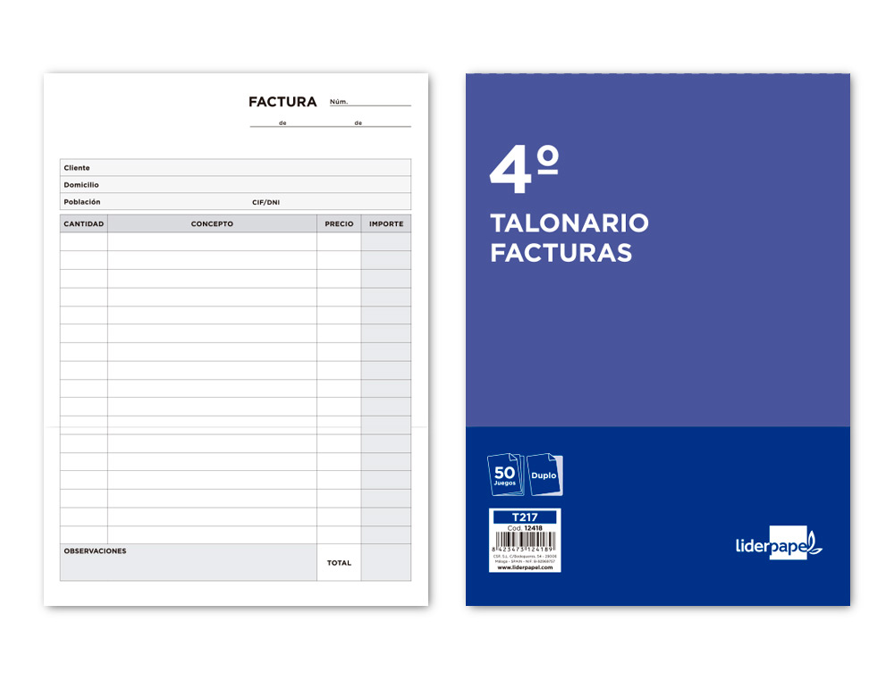 LIDERPAPEL - TALONARIO FACTURAS CUARTO ORIGINAL Y COPIA SIN I.V.A. (Ref.T217)