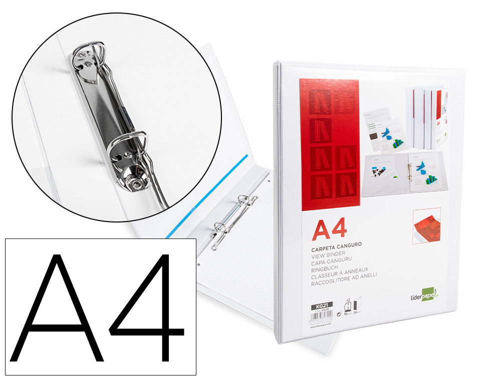 LIDERPAPEL - CARPETA CANGURO 2 ANILLAS MIXTAS 16MM A4 PLASTICO BLANCA (Ref.KG21)