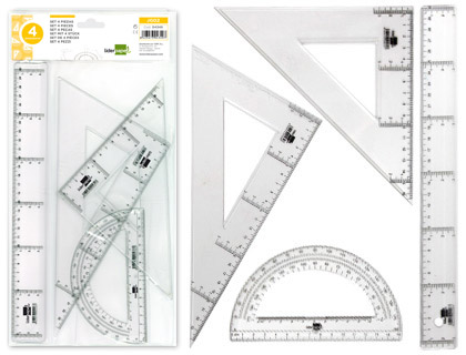 LIDERPAPEL - JUEGO ESCUADRA Y CARTABON 25CM REGLA 30CM Y SEMICIRCULO 15CM EN PETACA INCOLORA (Ref.JG02)