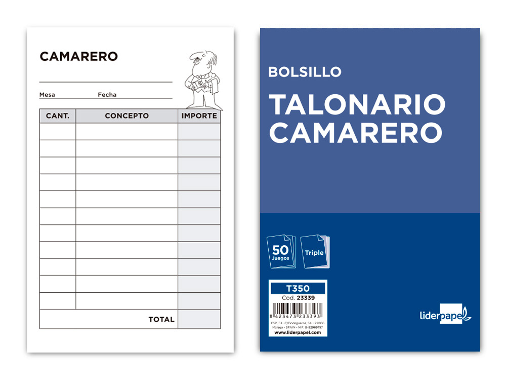LIDERPAPEL - TALONARIO CAMARERO BOLSILLO ORIGINAL Y 2 COPIAS (Ref.T350)