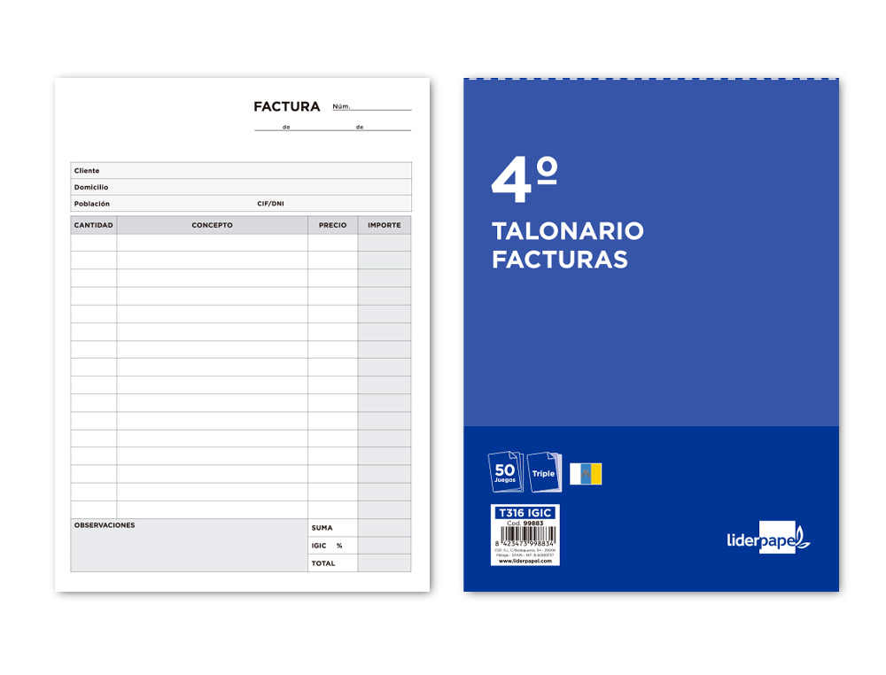 LIDERPAPEL - TALONARIO FACTURAS CUARTO ORIGINAL Y 2 COPIAS T316 CON I.G.I.C. (Ref.T316)