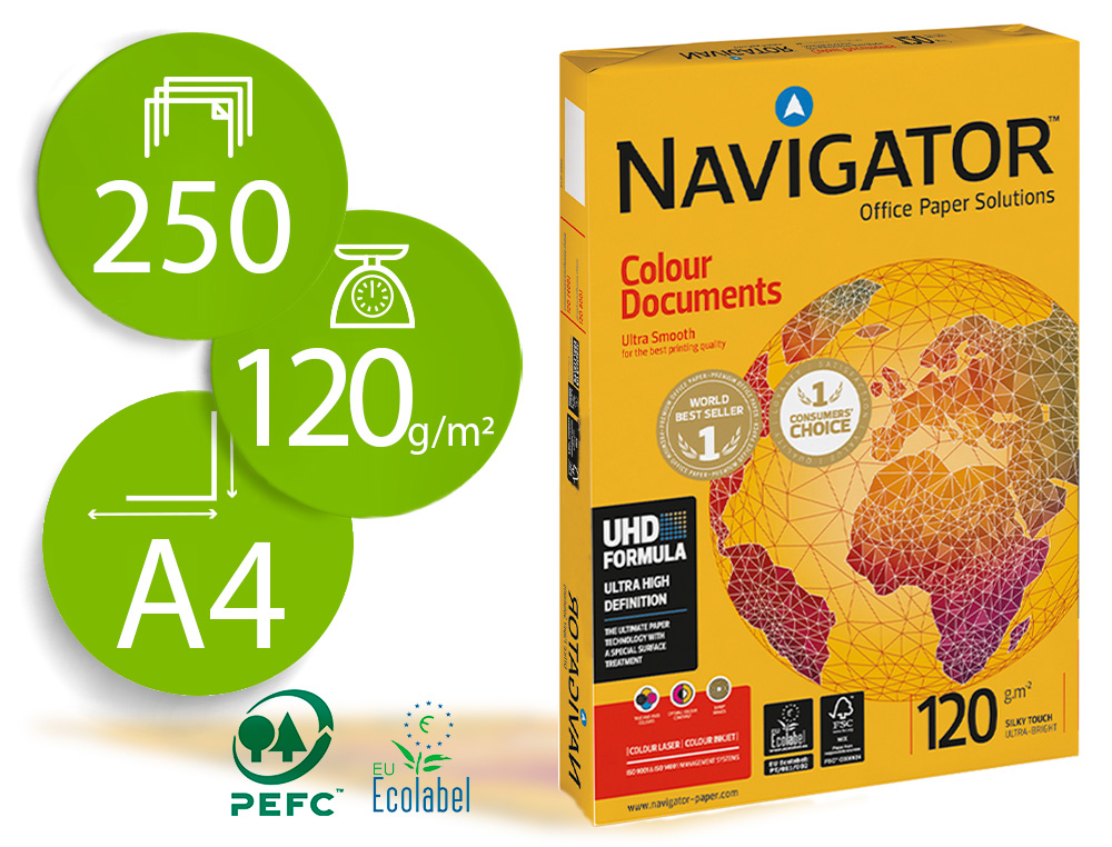 NAVIGATOR - Colour DOCUMENTS. Papel impresión color Paquete 250h 120 g. A4 (Ref.NAV-120-A4)
