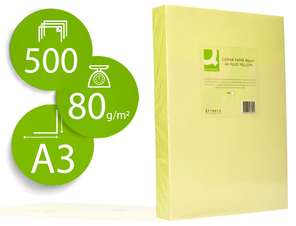 Q-CONNECT - PAPEL COLOR DIN A3 80GR AMARILLO NEON PAQUETE DE 500 HOJAS (Ref.KF18015)