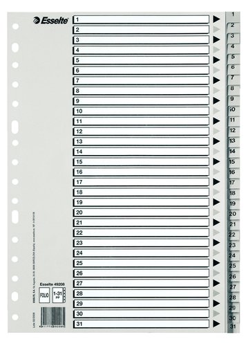 ESSELTE - INDICE PP NUMERICO Fº pestañas 1-31 16 taladros GRIS con IND.B/N (Ref.49208)