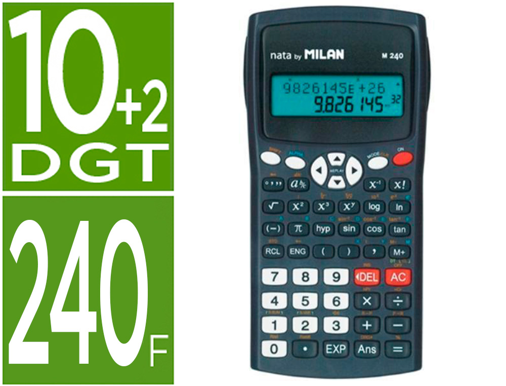 MILAN - Calculadora cientifica m240 black 2 lineas 240 funciones 10+2 digitos color negra con tapa color gris (Ref. 159110KBL)