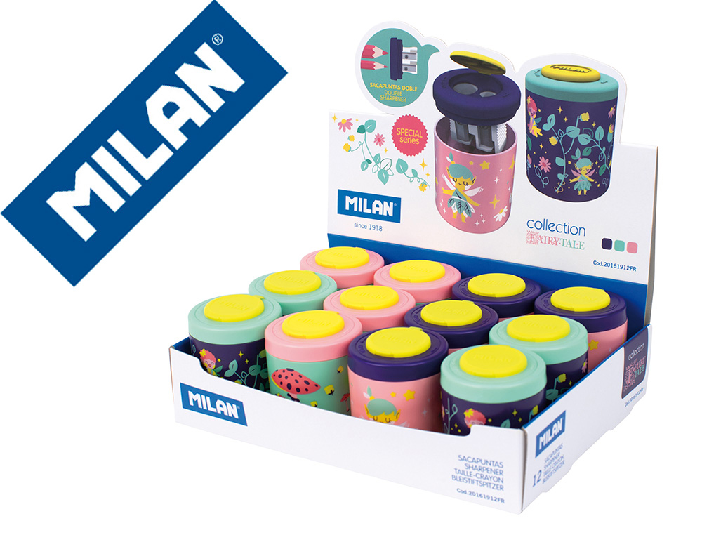 MILAN - Sacapuntas/Afilalapices 2 usos con deposito sugar expositor de 12 unidades surtidas (Ref. 20161912SUG)