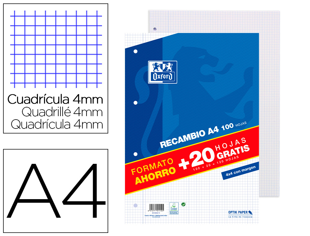 OXFORD - Recambio de papel 100+20 hojasA4 Cuadricula 4x4 (Ref.400058179)
