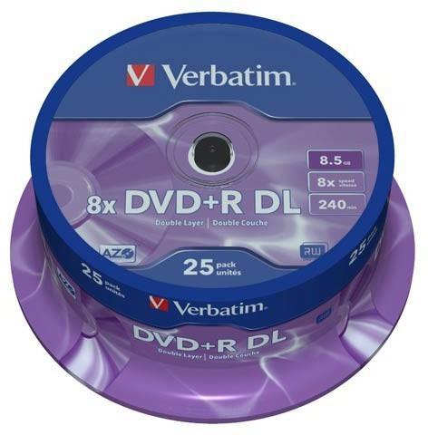 VERBATIM - DVD+R Matt Silver doble capa bobina pack 25 ud 8x 8,5GB 240min (CANON L.P.I. 5,25€ Incluido) (Ref.43757)