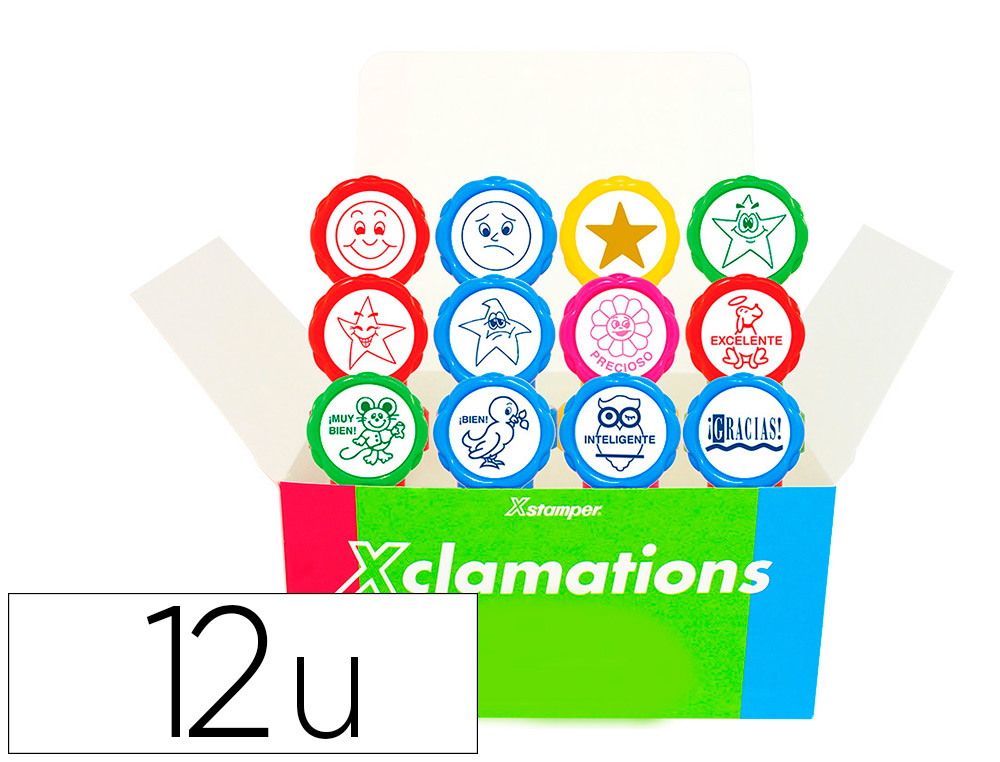 X'STAMPER - Sello emoticono uso escolar expositor de 12 unidades surtidas (Ref. COMXCLAM)