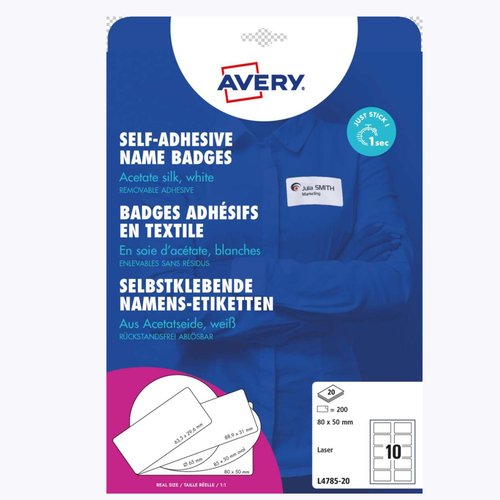 AVERY - Caja 200 ETIQUETAS IDENTIFICATIVAS (20H.) ADHESIVAS PARA TEJIDOS DIMENSIONES 80X50 MM. (Ref.L4785-20)