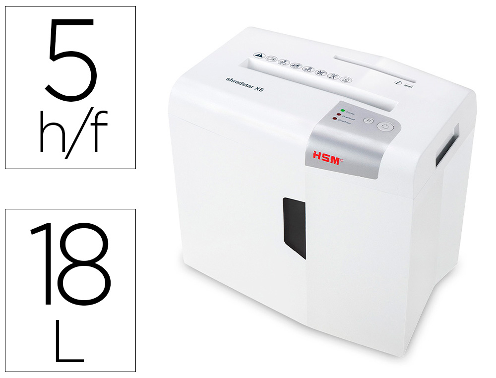 HSM - DESTRUCTORA DE DOCUMENTOS SHREDSTAR X5 CAPACIDAD DE CORTE 5 H EN PARTICULAS DESTRUYE GRAPAS CLIPS CD Y TARJETAS (Ref.1043121)