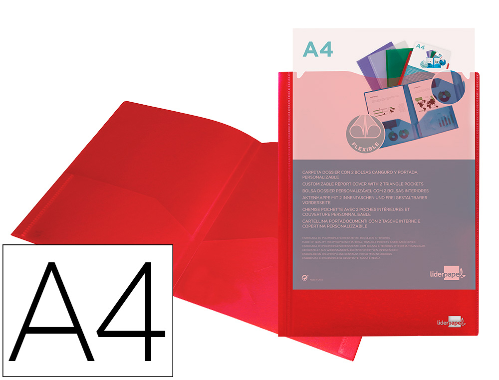 LIDERPAPEL - CARPETA DOSSIER DOS BOLSAS CANGURO 45680 POLIPROPILENO DIN A4 ROJA (Ref.KG01)