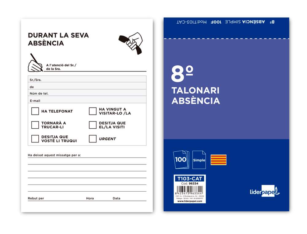 LIDERPAPEL - TALONARIO AUSENTES 8º ORIGINAL T103 TEXTO EN CATALAN (Ref.T103-CAT)